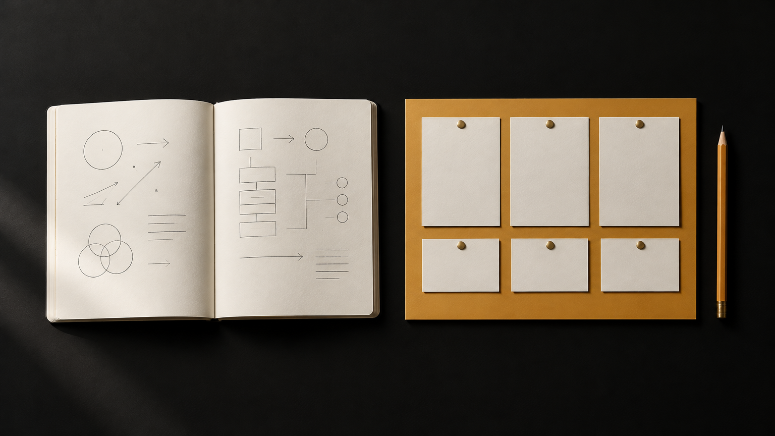 An off-white strategy notebook with abstract diagram marks sits beside amber campaign planning cards on a near-black tabletop, lit with restrained natural light.
