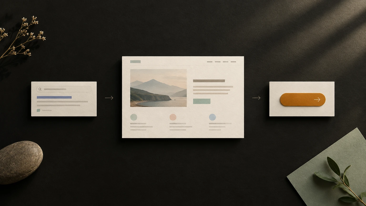 Warm off-white paper cards form a path from a search result to a website page and an amber enquiry button on a near-black surface.