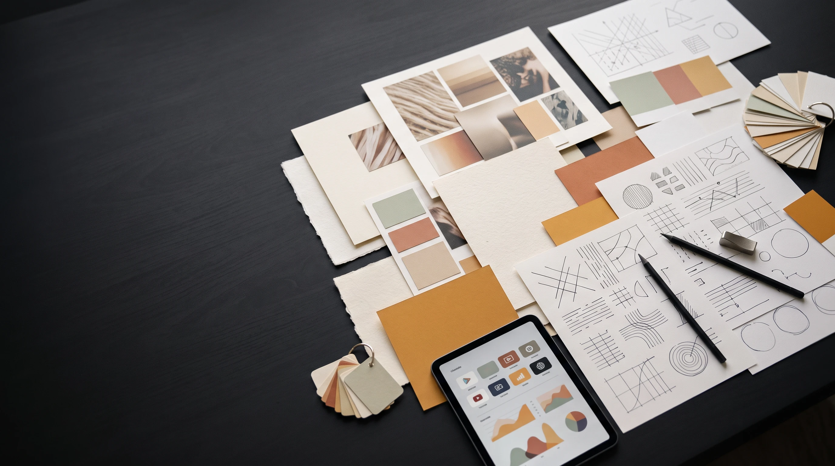 Audience research notes and campaign moodboard cards with abstract geometric marks, amber accents and muted pastel swatches on a near-black studio table.
