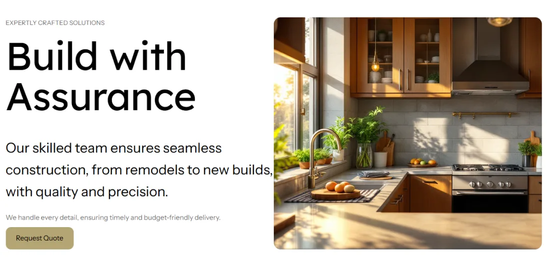 Build with Assurance website section featuring a warm custom kitchen