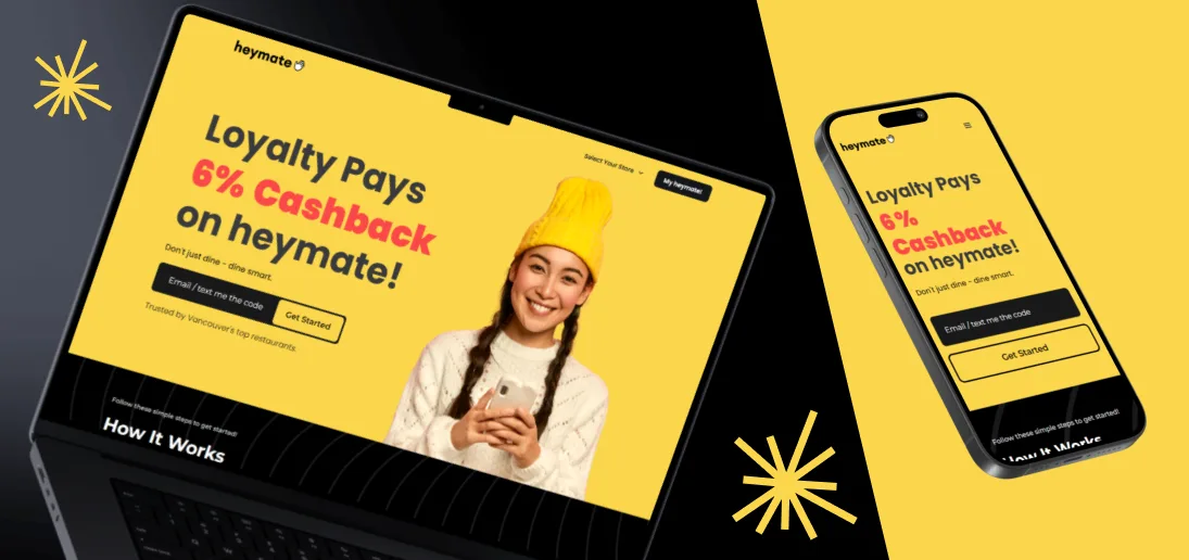 Heymate yellow website on laptop and mobile, showcasing its loyalty and cashback experience